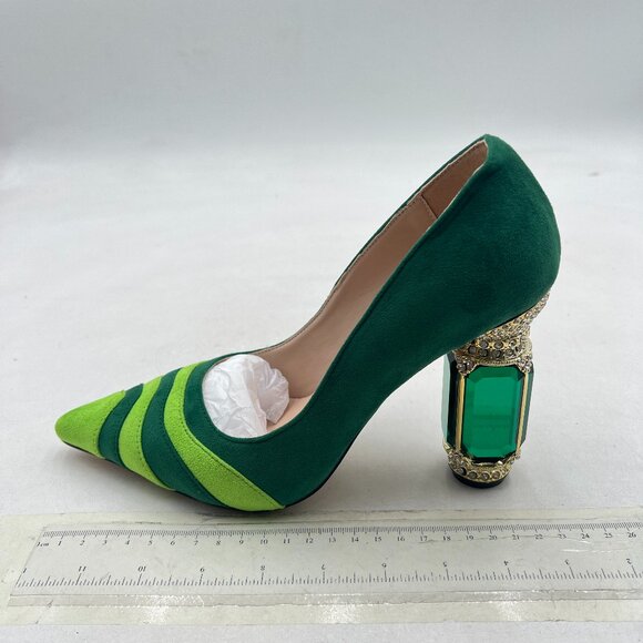 FSJ Green-rainbow Bridal Pointed Toe Chunky High Heel Crystal Pumps Slip on Shoe - Picture 2 of 8